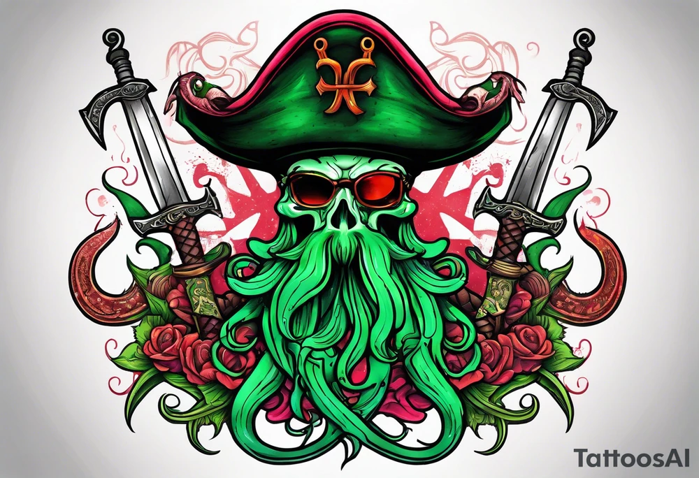 green pirate squid holding bloody sword and anchor, black hat, beard tattoo idea