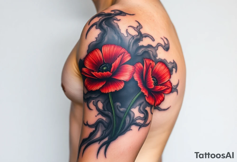 War zone with 2 poppy’s growing out of the smoke with 11B in the background and layer this on top of a map tattoo idea