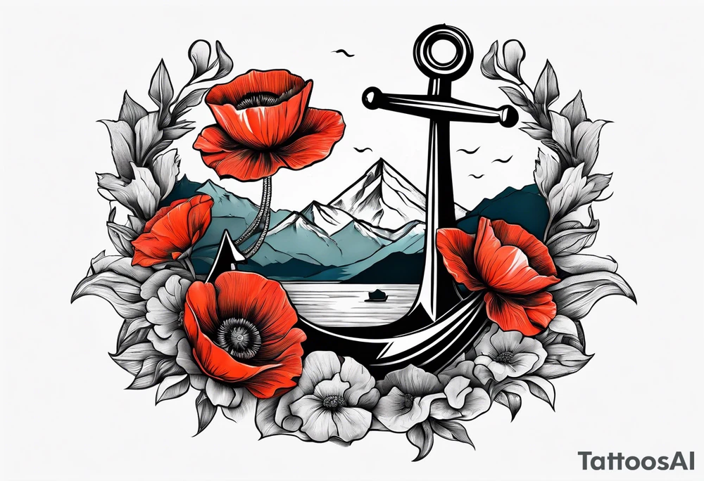 an anchor with poppy flowers intertwined and mountains behind it tattoo idea