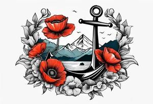 an anchor with poppy flowers intertwined and mountains behind it tattoo idea