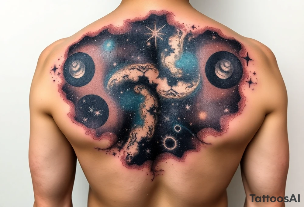 Beautiful and epic 3d milky way that appears to be what is beneath the skin. Make it drape over the shoulder and move to the middle back. use negative spaces to create stars and dust. Keep it symmetrical tattoo idea