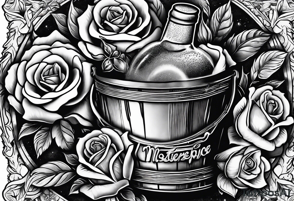 A bottle of beer and a stalk of rose in the bucket tattoo idea
