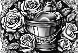 A bottle of beer and a stalk of rose in the bucket tattoo idea