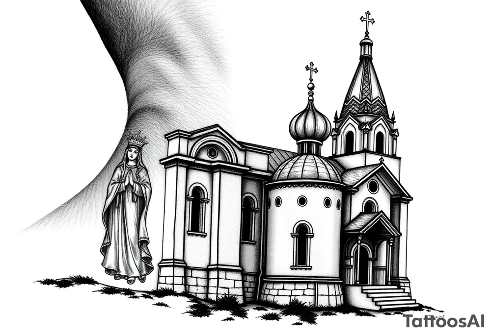 medium sized Russian orthodox church with bulb domes with a prominent russian orthodox style virgin mary stood outside to the left tattoo idea
