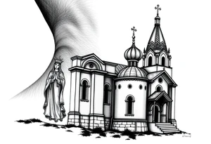 medium sized Russian orthodox church with bulb domes with a prominent russian orthodox style virgin mary stood outside to the left tattoo idea