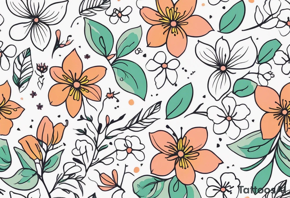 “Generate a subtle botanical tattoo with soft, flowing lines, showcasing tiny flowers and leaves arranged in a delicate pattern tattoo idea