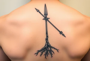 A broken spear with roots growing through it, tribal blackwork style, symbolizing healing through soul, not ego” tattoo idea