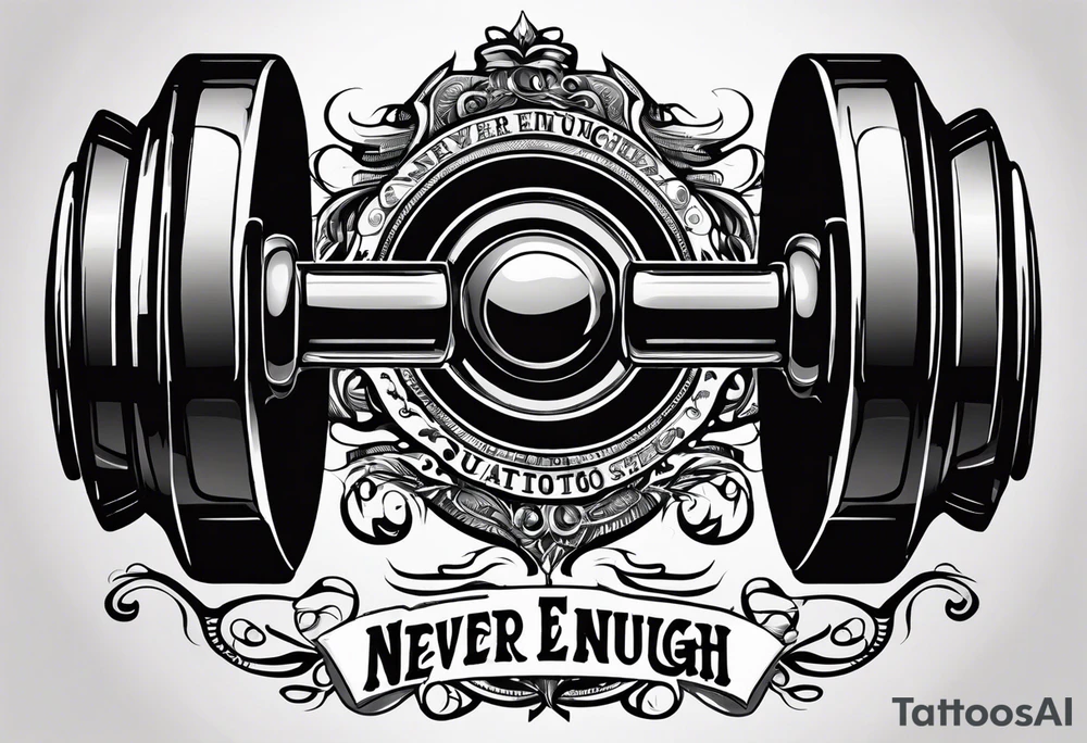 Dumbell with writing text : never enough tattoo idea