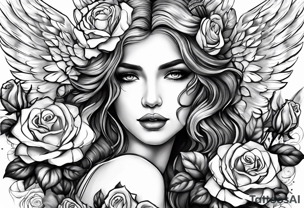 Angel, roses, name MARTINA tattoo idea