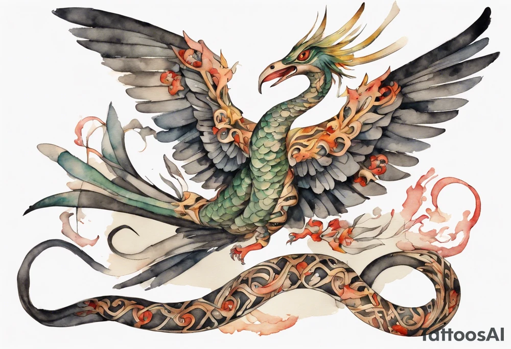 a watercolor of a bird-serpent hybrid wearing an iron crown, flying tattoo idea