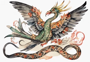 a watercolor of a bird-serpent hybrid wearing an iron crown, flying tattoo idea