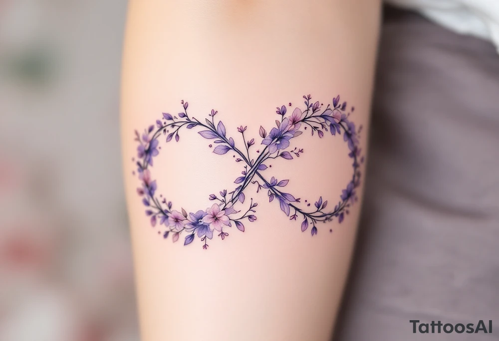 Floral infinity sign incorporating "Sofie – 8.6.2021 v 11:20" in lavender and soft beige. tattoo idea