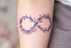 Floral infinity sign incorporating "Sofie – 8.6.2021 v 11:20" in lavender and soft beige. tattoo idea