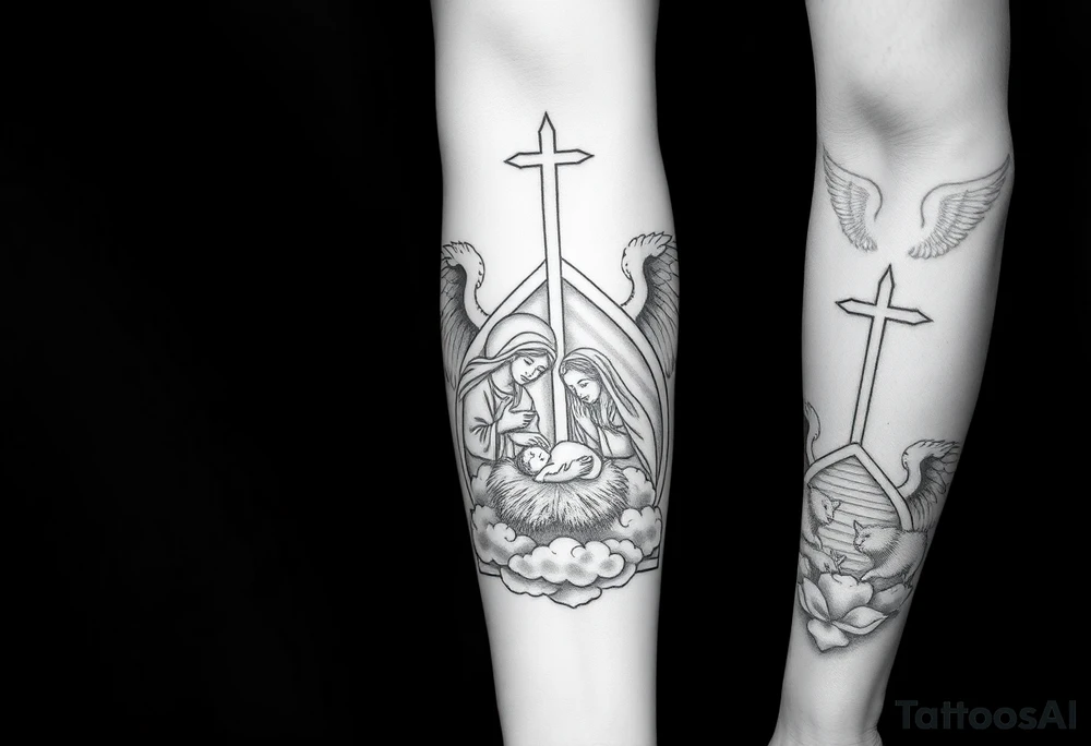 HALF SLEEVE forearm IDEA:
clouds
angel with wings portrait 
cross
The Nativity: The birth of Jesus in a manger, surrounded by Mary, Joseph, shepherds, and animals. It symbolizes hope and the beginning of Christ's life on Earth.
covers the enitre forearm tattoo idea
