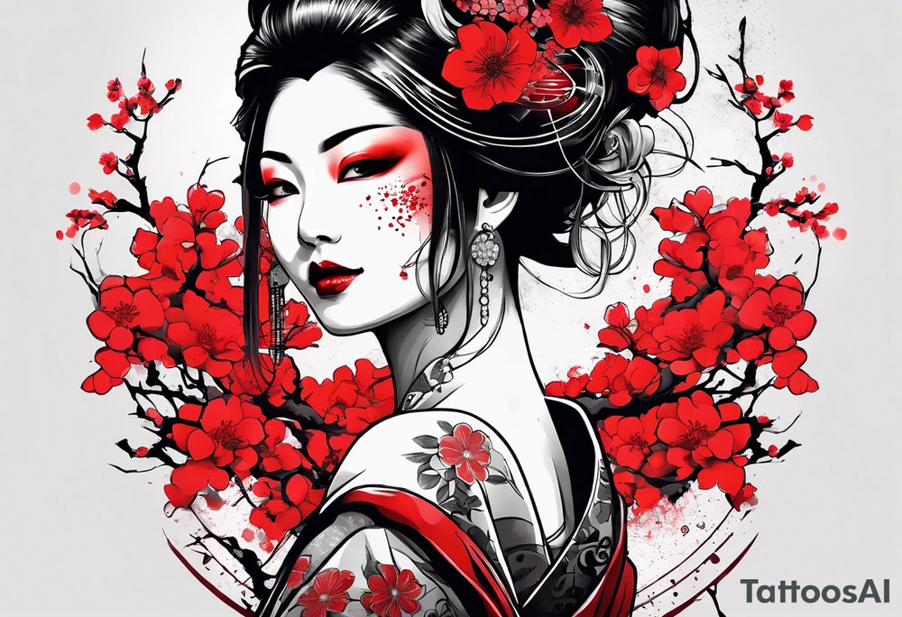 trash polka zombie geisha red sun cherry blossoms tattoo idea