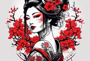 trash polka zombie geisha red sun cherry blossoms tattoo idea