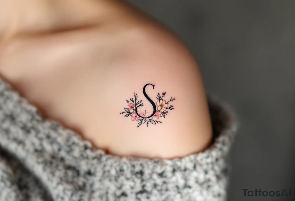 A minimalist black "S" outlined with fine-line flowers in soft pastel tones on finger. tattoo idea