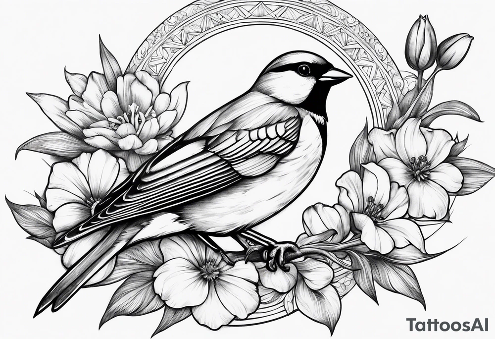 mens neck sleeve sparrow, om symbol, cosmos, iris, daisy, add sun rays and
 clouds tattoo idea