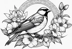 mens neck sleeve sparrow, om symbol, cosmos, iris, daisy, add sun rays and
 clouds tattoo idea