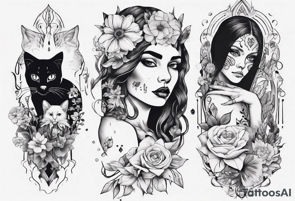 B&w tattoo arm with flowers dotting work and with an cat in it and a dark elf woman Scandinavian tattoo idea