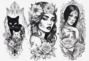 B&w tattoo arm with flowers dotting work and with an cat in it and a dark elf woman Scandinavian tattoo idea