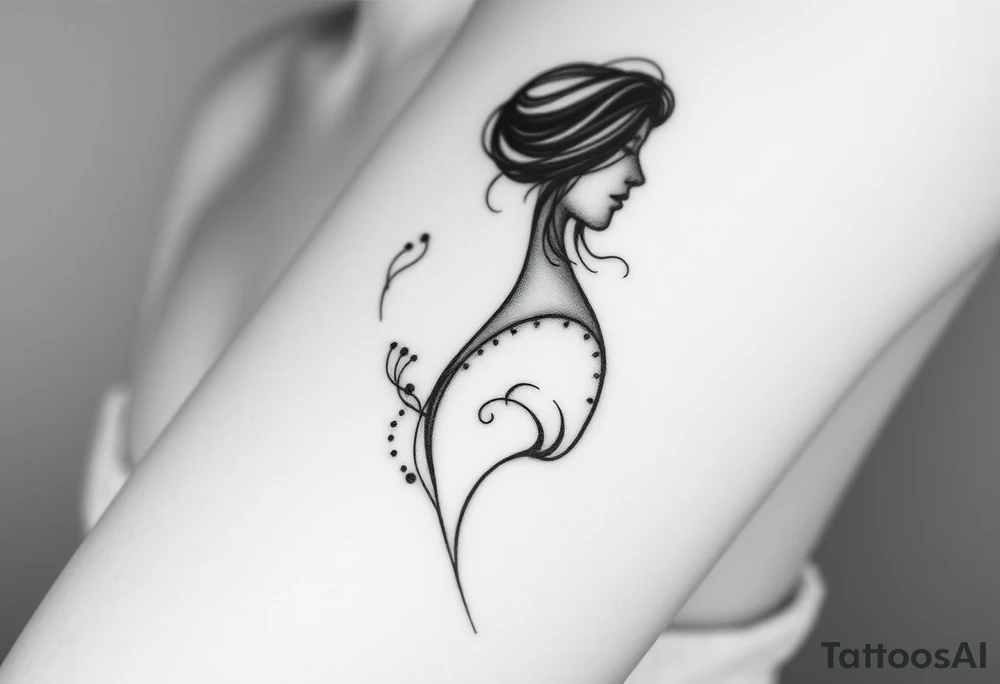Black and gray tattoo design in fine line and soft shading style, depicting an abstract female silhouette in profile, elegant and poetic. From her chest, fluid and smoke-like shapes flow outward, symbolizing emotional healing, self-acceptance, and breathing oneself back to life. The design should feel ethereal and dreamlike, with delicate dots, subtle gradients, and graceful movement. No flowers, no butterflies, no geometric patterns. The composition should be around 7–8 cm in proportion, suitable for an arm placement, with a clean and feminine aesthetic but full of emotion and symbolism. tattoo idea