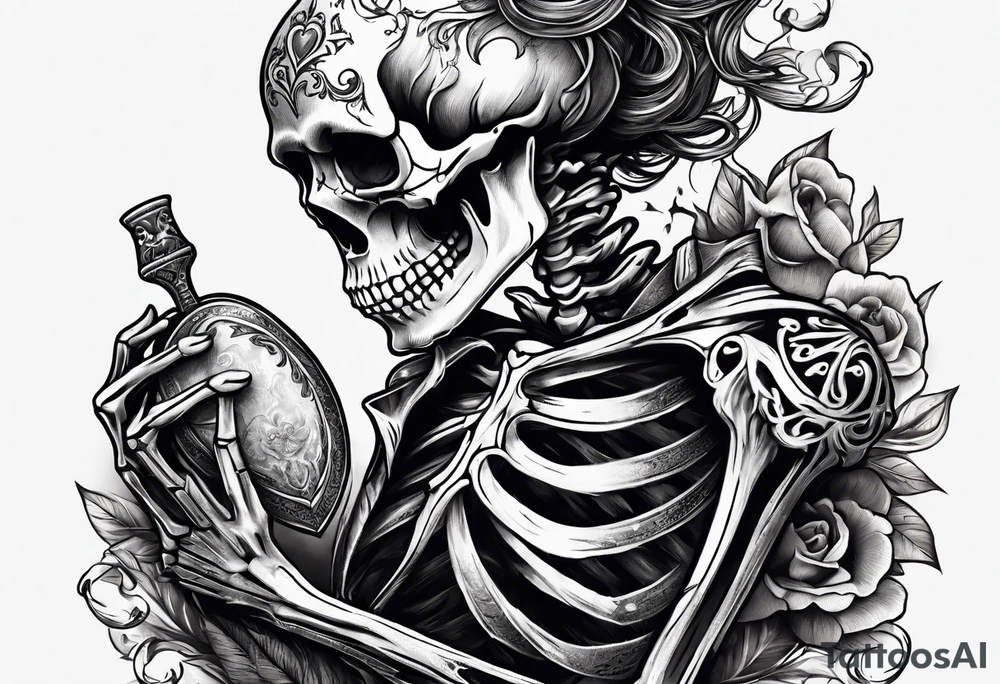 depressed skeleton holding his heart in his hand with a knife through the heart tattoo idea