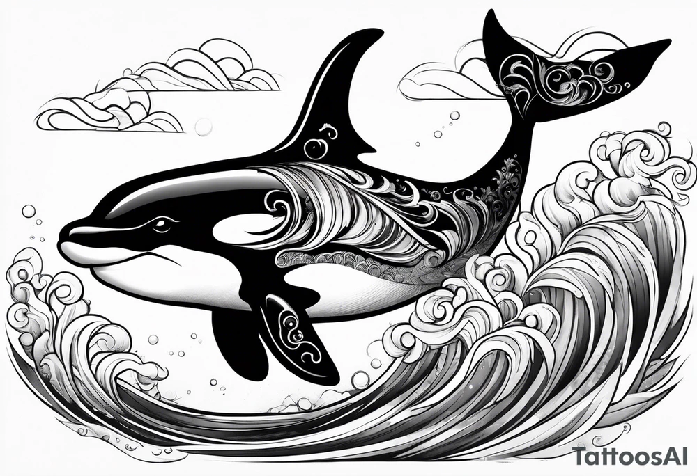 transient orca, Japanese, flowing, waves and kelp highlights tattoo idea