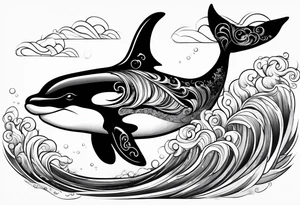transient orca, Japanese, flowing, waves and kelp highlights tattoo idea