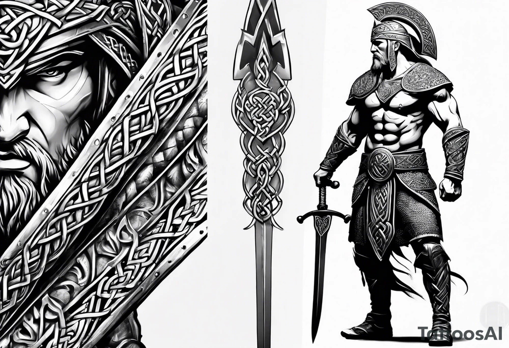 Full body side profile of Celtic warrior walking into battle tattoo idea