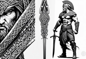 Full body side profile of Celtic warrior walking into battle tattoo idea