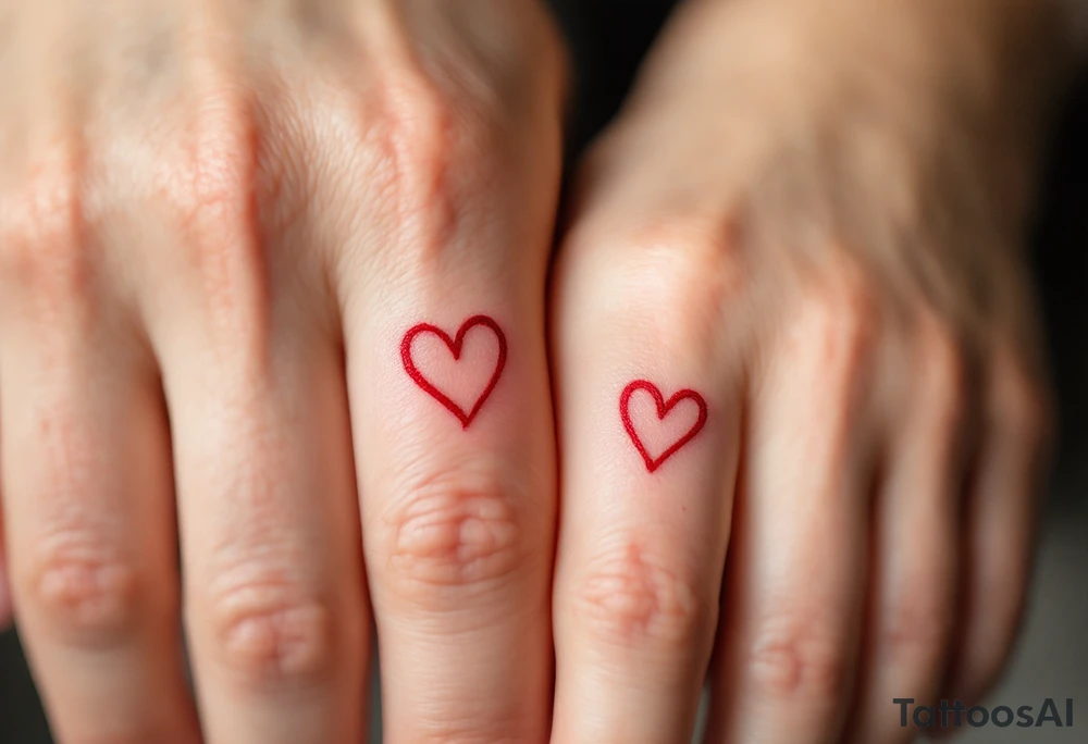 Tiny matching red heart outlines tattooed on the inside of each partner’s ring finger, symbolizing a hidden but everlasting bond. tattoo idea