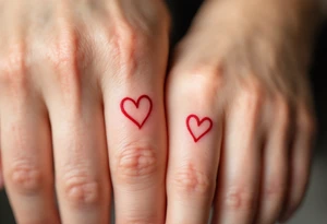 Tiny matching red heart outlines tattooed on the inside of each partner’s ring finger, symbolizing a hidden but everlasting bond. tattoo idea