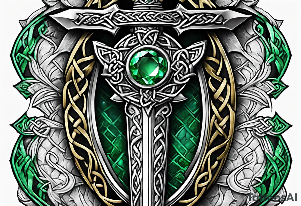 A Celtic dagger with an oak hilt turned upright and emerald gemstones on it tattoo idea