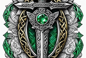 A Celtic dagger with an oak hilt turned upright and emerald gemstones on it tattoo idea