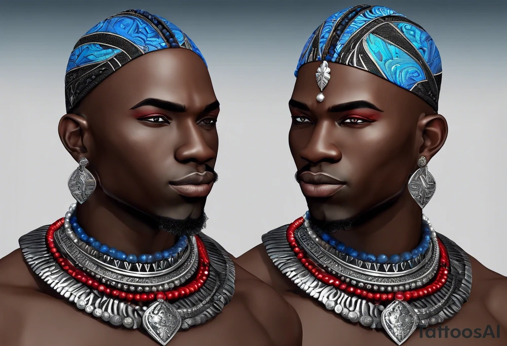 Black-skinned bald african warrior. He wears a simple and small silver crown. He uses two simple necklaces: one blue, other red. tattoo idea