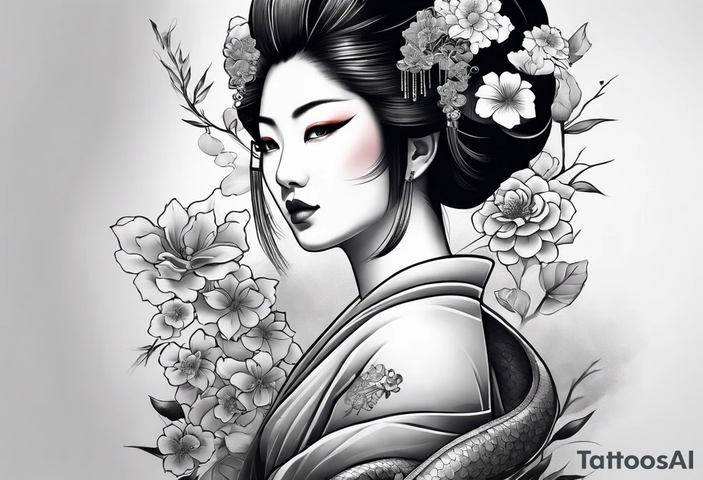 High contrast black and grey Japanese full arm tattoo, geisha on upper arm and snake with flowers going down the forearm imagine tattoo idea