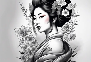 High contrast black and grey Japanese full arm tattoo, geisha on upper arm and snake with flowers going down the forearm imagine tattoo idea