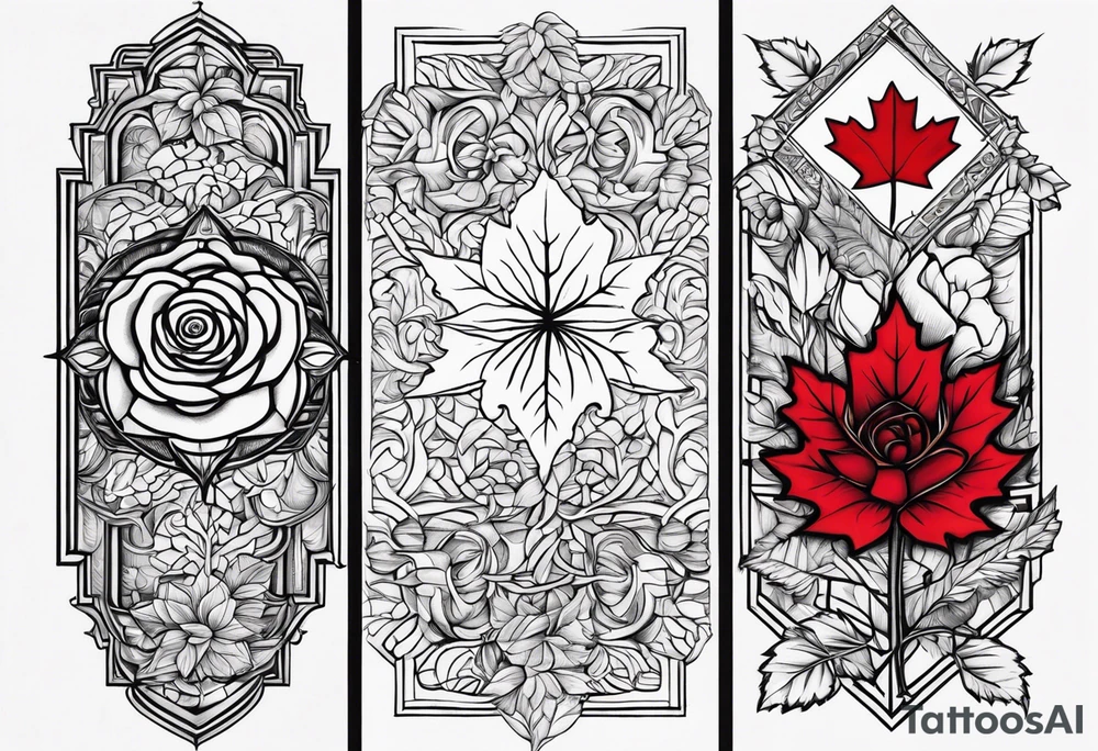 three same-sized rectangles arranged asymmetrically, incorporating a maple leaf and a tudor rose tattoo idea