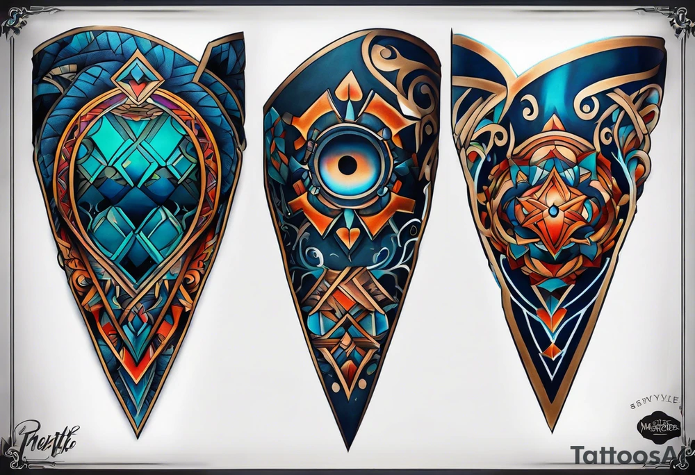 semi Detailed neo traditional knee tattoo flat on paper. The tattoo features geometric patterns and bold lines, creating a visually striking design with slight tints of deep fall colors. The background 
outside the tattoo features deep blues washes and water swirls tattoo idea
