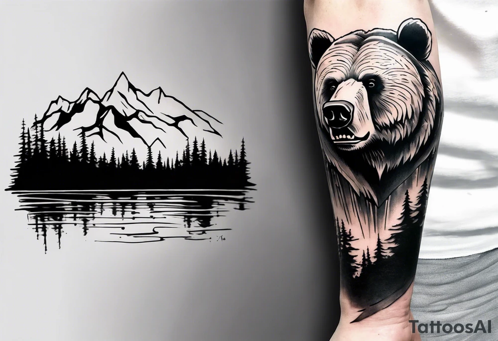 bear head right above the forest line with a lake below, full arm sleeve tattoo tattoo idea