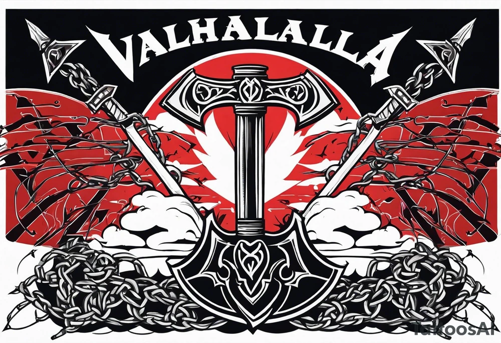 Valhalla sword round shield axe barbed wire chains dark cloud tattoo idea
