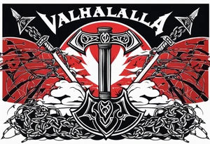 Valhalla sword round shield axe barbed wire chains dark cloud tattoo idea