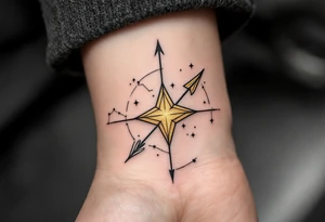A Sagittarius arrow piercing through a golden star, with the star constellation traced in thin white lines around it. tattoo idea
