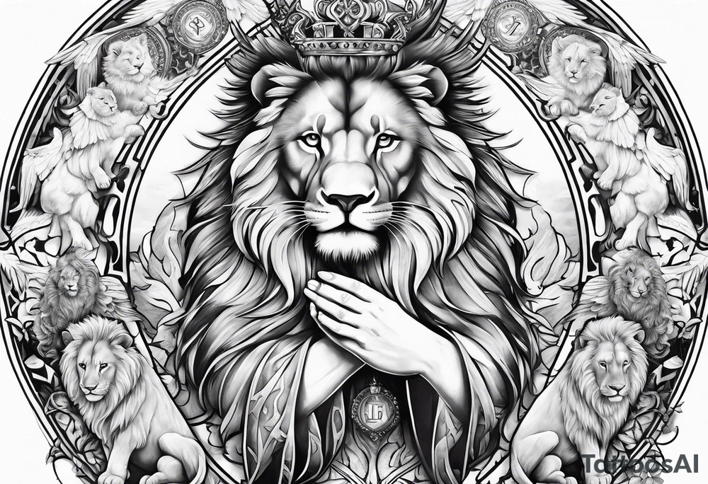 Full sleeve with Lion, cross, praying hands and angels. Incorporate the names Scarlett and Faith in the design tattoo idea