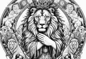 Full sleeve with Lion, cross, praying hands and angels. Incorporate the names Scarlett and Faith in the design tattoo idea