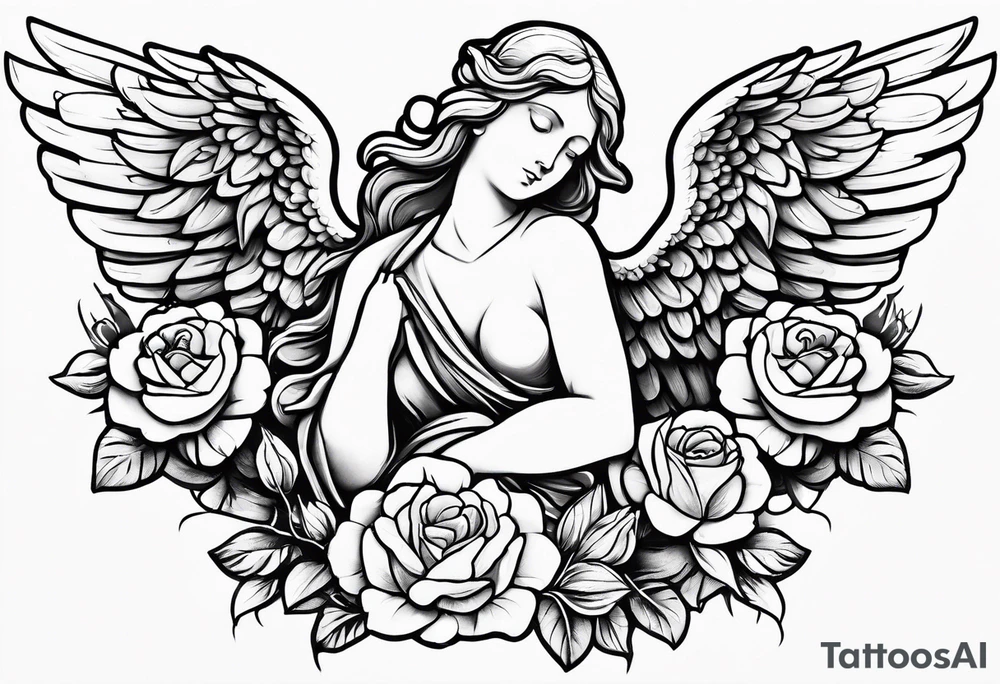 Simple Angel statue stood on a rock with daffodils and roses wrapped around its legs tattoo idea