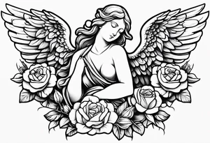 Simple Angel statue stood on a rock with daffodils and roses wrapped around its legs tattoo idea