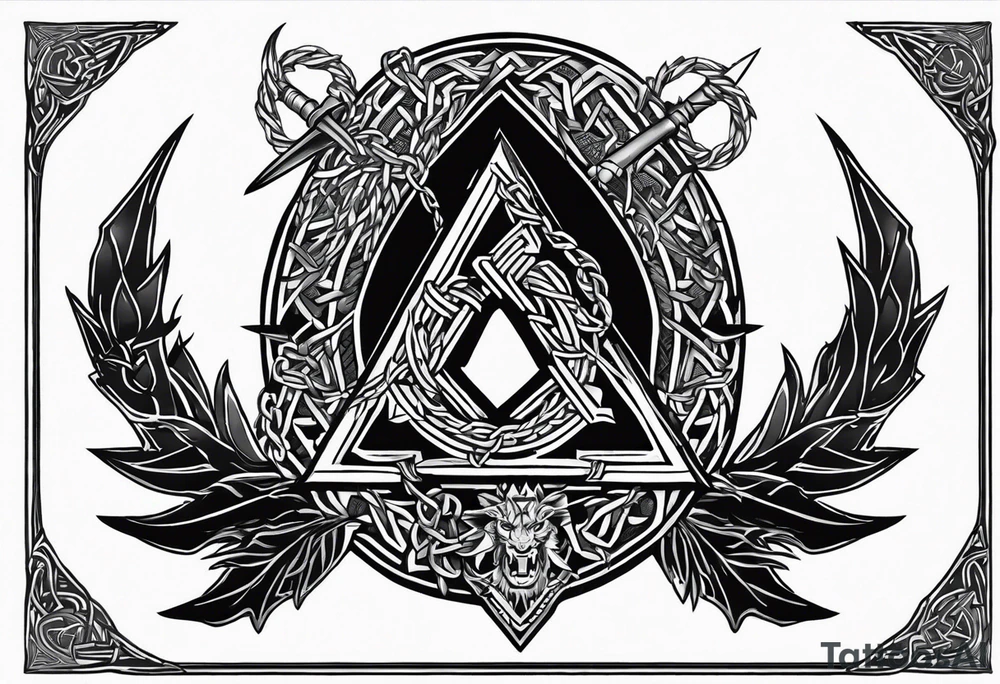 Valhalla sword shield dragon axe Valknut barbed wire chains tattoo idea Valhalla sword shield dragon axe Valknut barbed wire chains tattoo idea