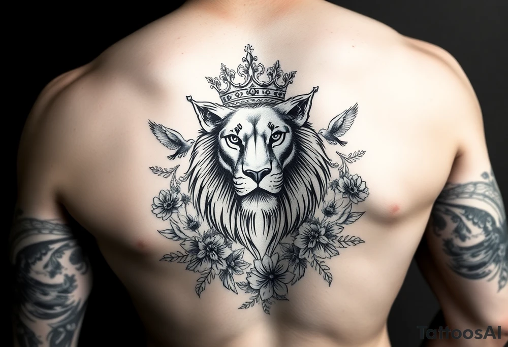 powerful majestic lion with a crown, surrounded by floral ornaments and birds tattoo idea